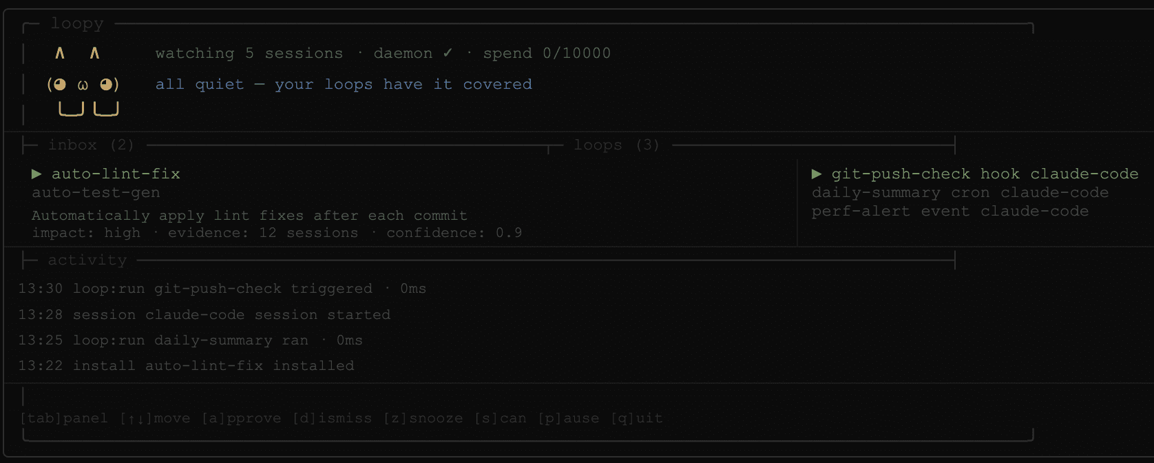 loopEng dashboard showing inbox, installed loops, and background activity